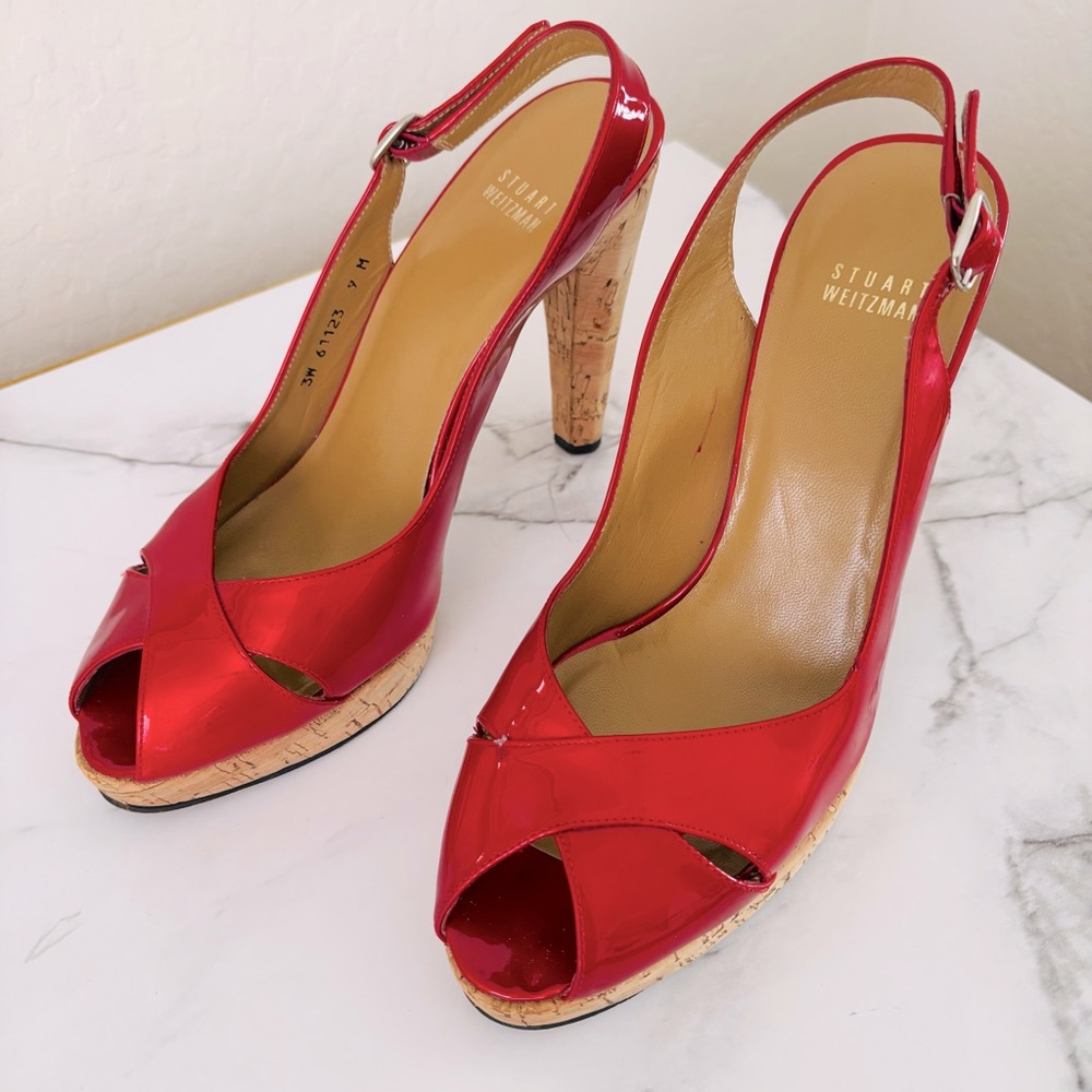 STUART WEITZMAN Authentic‎ Women's Red Patent Leather Cork Heel Slingback Size 9